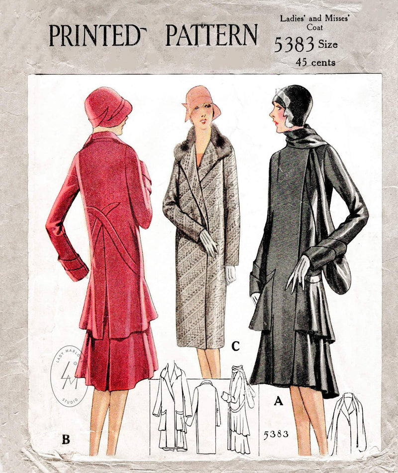 1920s 1928 McCall 5383 flapper coat in 3 styles scarf collar tiered skirt vintage sewing pattern repro