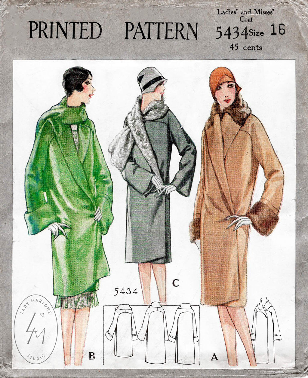 McCall 5434 1920s 1928 coat shawl collar scarf wrap vintage sewing pattern reproduction
