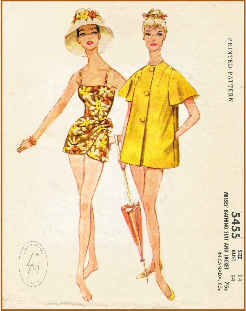 McCall 5455 1960s vintage sewing pattern 1960 60s beachwear sarong swimsuit coat 