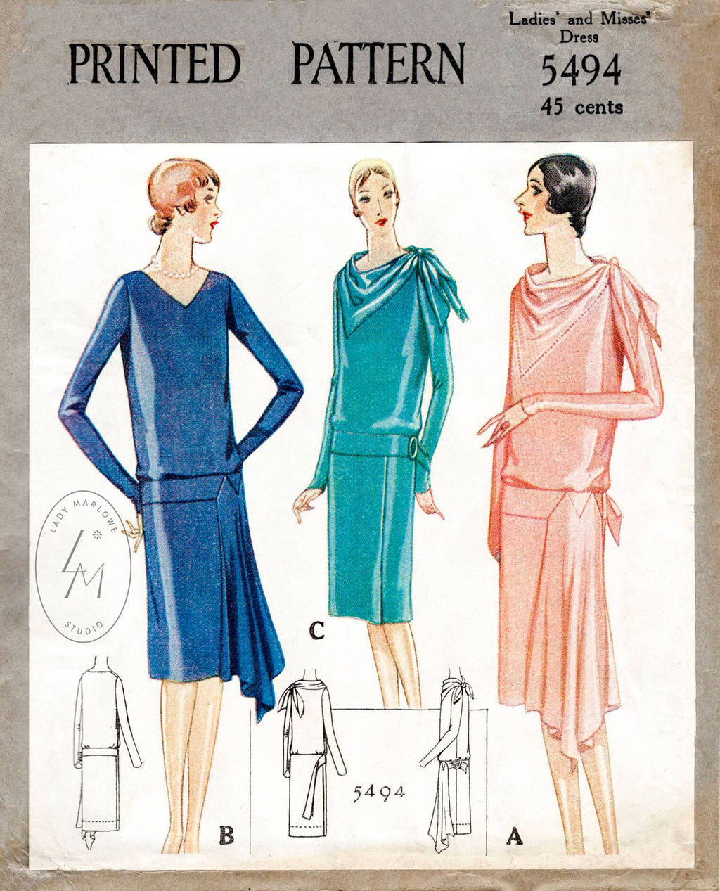 McCall 5494 1920s 1928 day or evening dress bias cut drapery scarf collar vintage sewing pattern reproduction