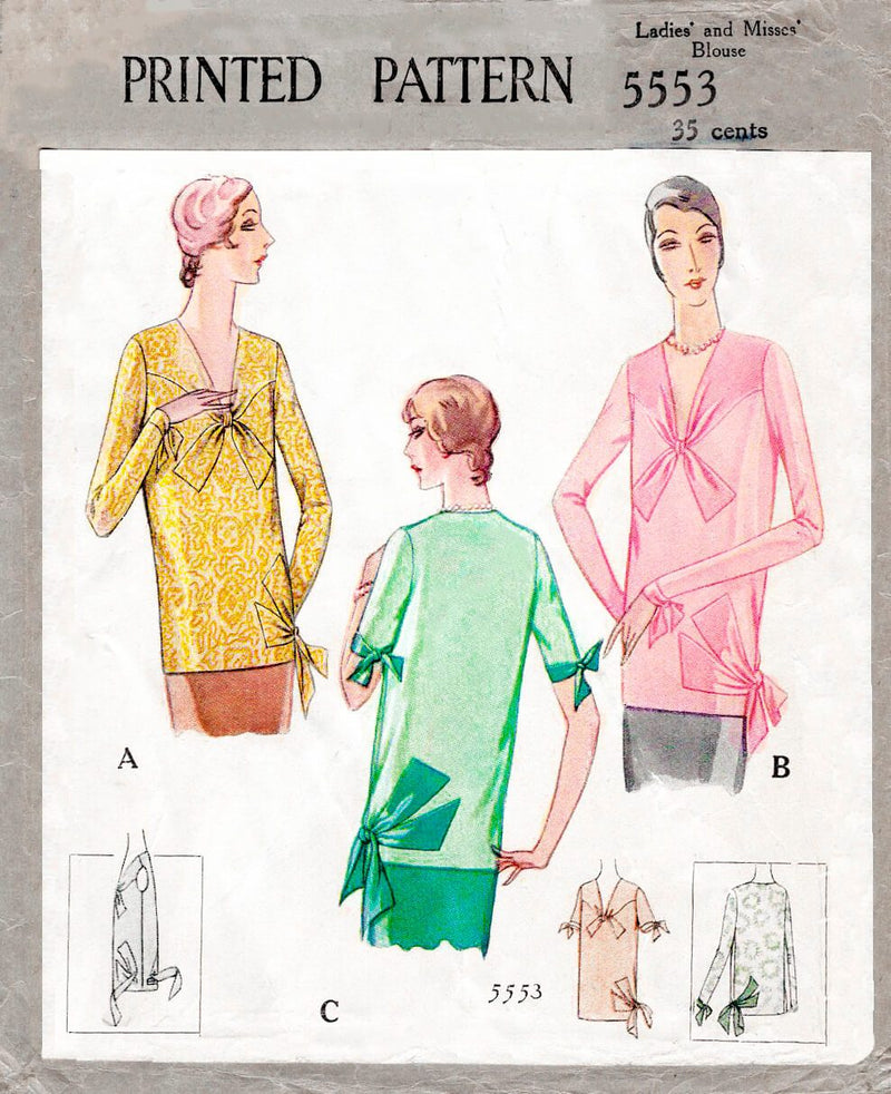 1920s 1928 flapper blouse yoke with tie ends bow accent vintage sewing pattern reproduction