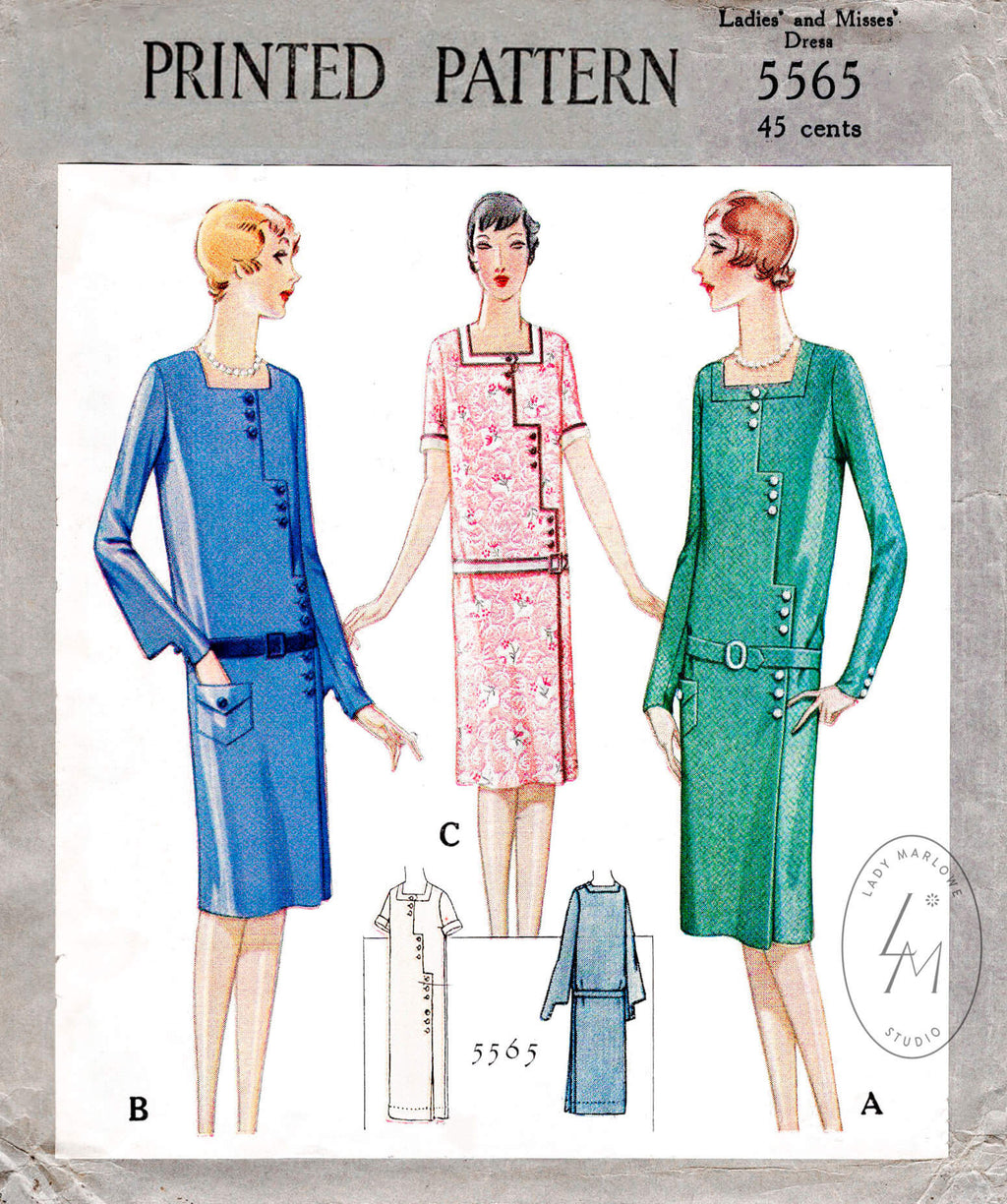 1920s 1929 McCall 5565 art deco dress drop waist ladder effect seam detail vintage sewing pattern reproduction