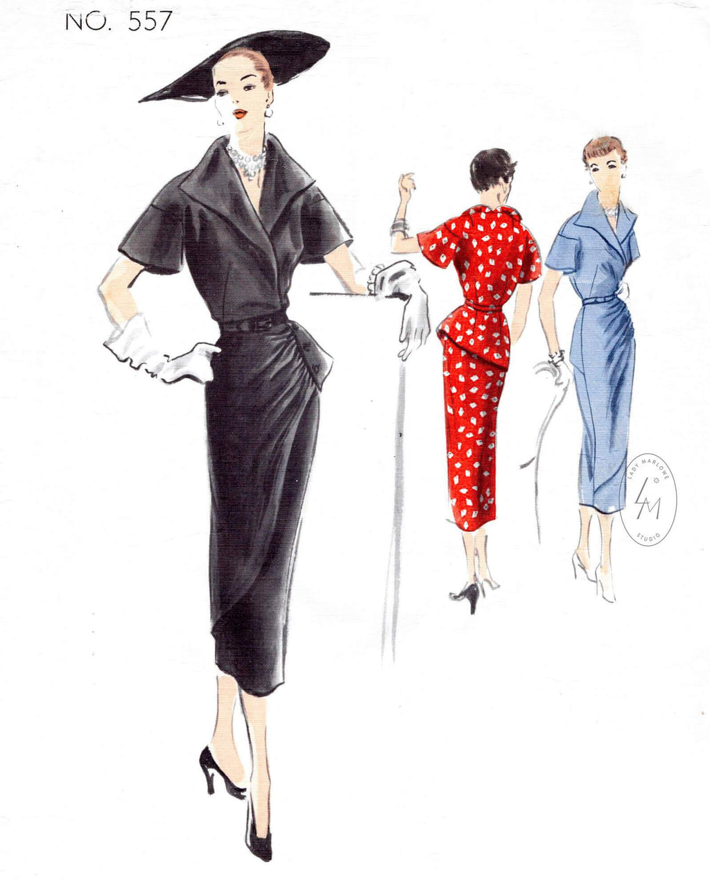 Vogue Couturier 557 1950s afternoon dress asymmetric drapery gathered skirt vintage sewing pattern reproduction