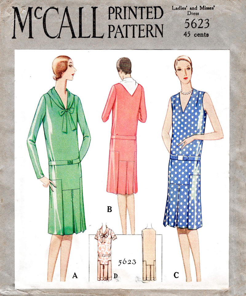 McCall 5623 1920s 1928 flapper era casual day dress drop waist style tie collar vintage sewing pattern reproduction