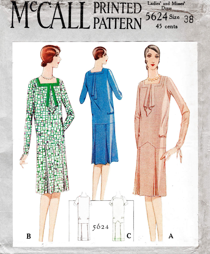 McCall 5624 1920s 1929 slip on dress jabot collar square neckline vintage sewing pattern reproduction