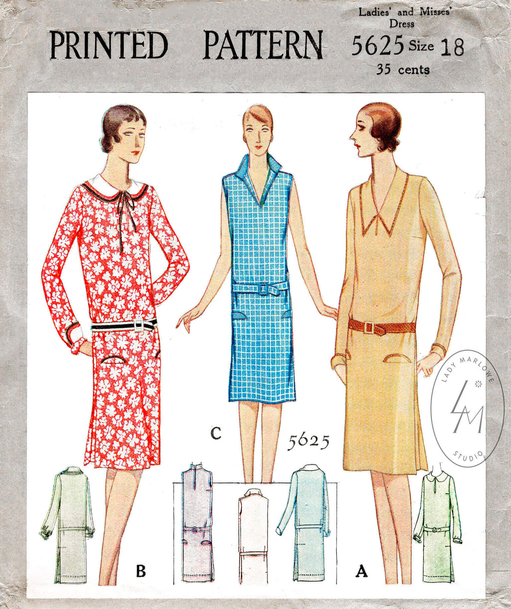 McCall 5625 1920s 1928 dress peter pan chelsea or turned collar drop waist flapper era vintage sewing pattern reproduction