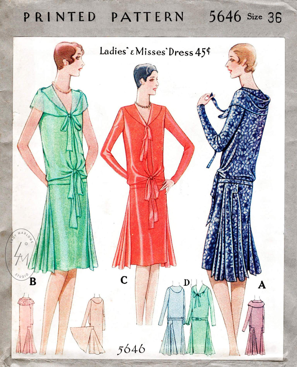 McCall 5646 1920s 1929 Lucien Lelong flapper dress vintage sewing pattern