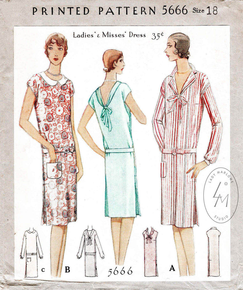 1920s 1929 drop waist dress McCall 5666 peter pan collar tie collar vintage sewing pattern reproduction