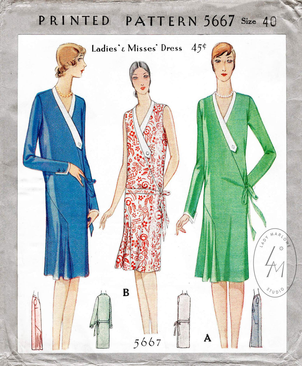 1920s 1928 McCall 5667 wrap dress decorative neck band flounce skirt vintage sewing pattern reproduction