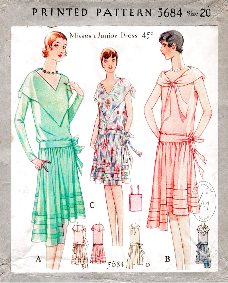 1928 McCall 5684 1920s flapper dress party frock vintage sewing pattern