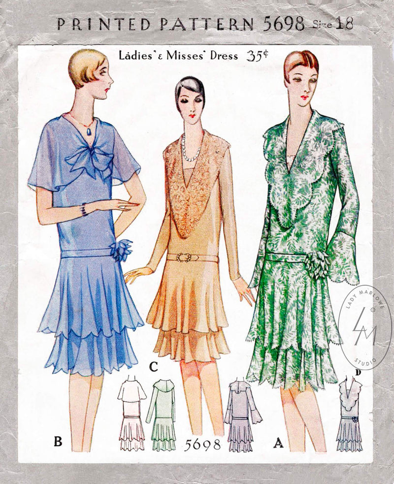 1920s 1929 McCall 5698 flapper party dress tiered flounce skirt scalloped edges vintage sewing pattern reproduction