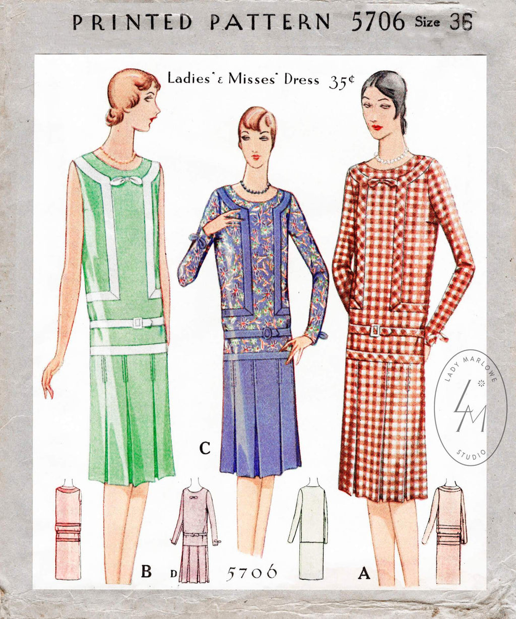 1920s 1929 McCall 5706 drop waist dress art deco seam detail vintage sewing pattern reproduction