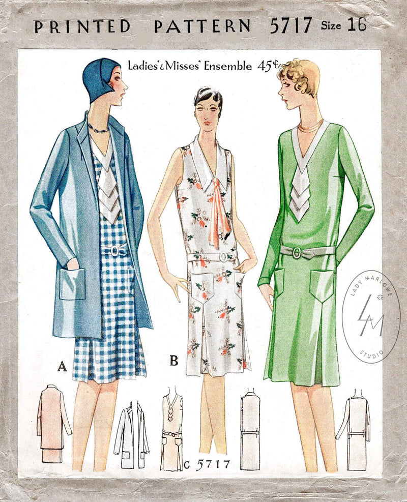 McCall 5717 1920s 1929 drop waist dress pleat skirt box jacket or coat jabot or tie collar vintage sewing pattern reproduction