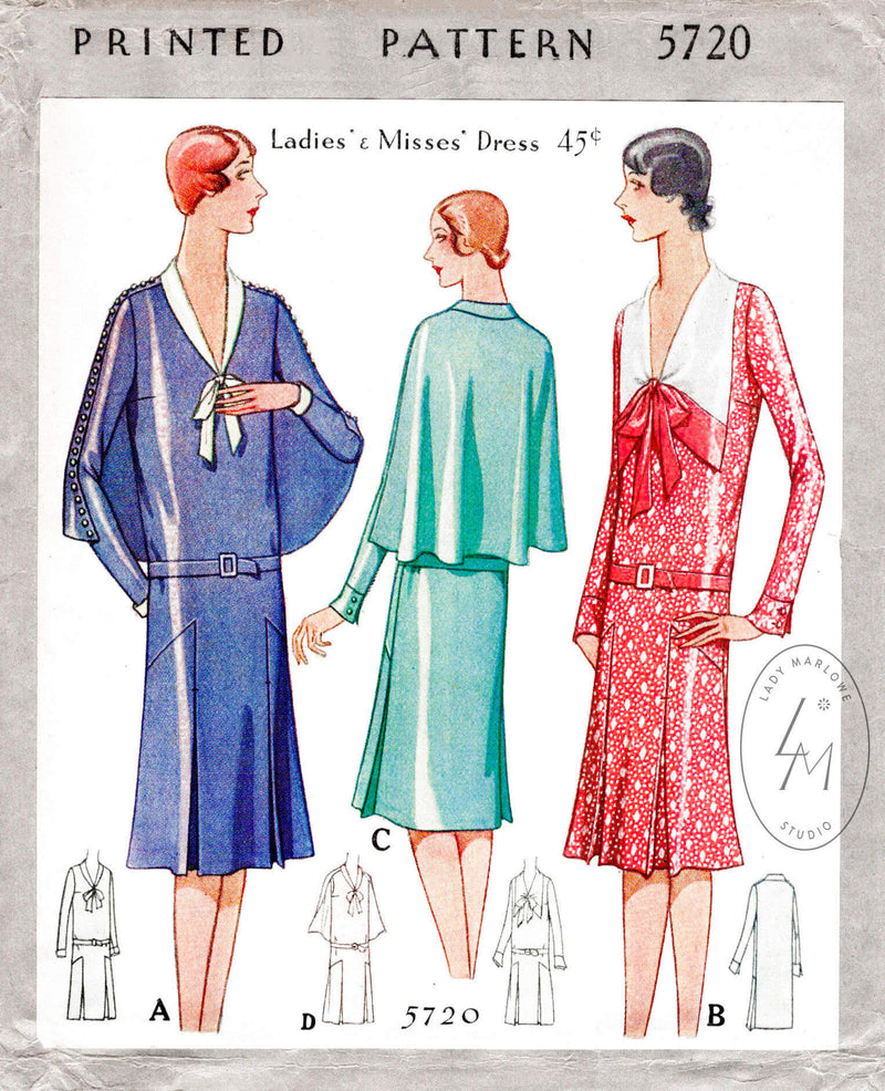 McCall 5720 1920s 1930s dress with cape capelet attachment vintage sewing pattern reproduction