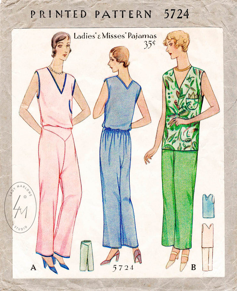 1930s loungewear pajamas vintage sewing pattern reproduction