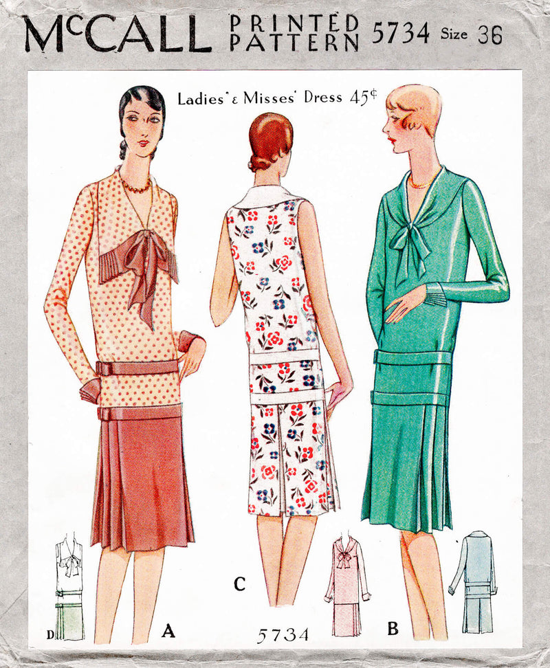McCall 5734 1920s 1930s drop waist dress wide collar bow fastening vintage sewing pattern reproduction