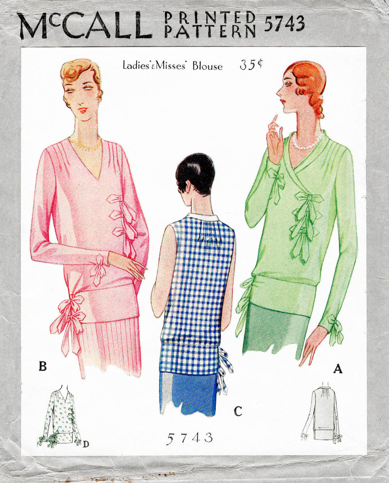 McCall 5743 1920s 1929 flapper era blouse bow trim vintage sewing pattern reproduction