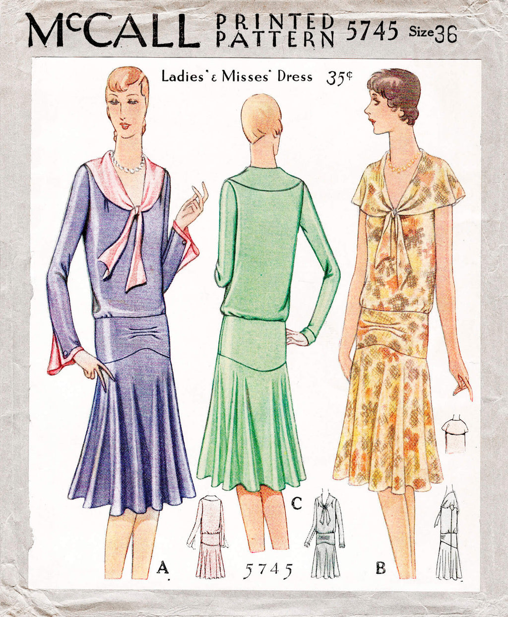 1920s 1929 McCall 5745 vintage flapper era tea dress bertha collar sewing pattern reproduction