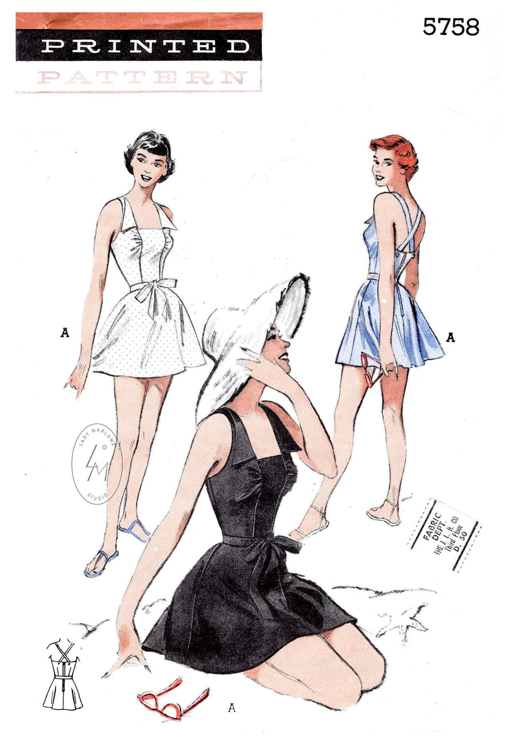 1950s 1951 playsuit vintage beachwear sewing pattern reproduction skater skirt front bodice ruching Butterick 5758