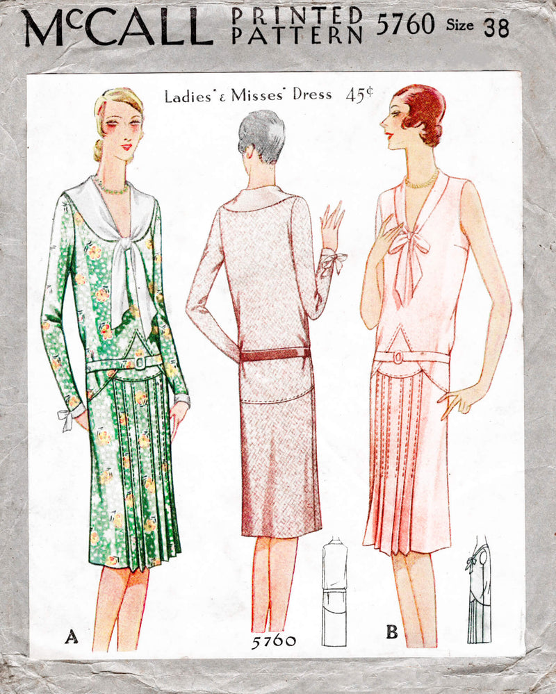 McCall 5760 1920s 1929 flapper era dress shawl collar drop waist pleat skirt vintage sewing pattern reproduction
