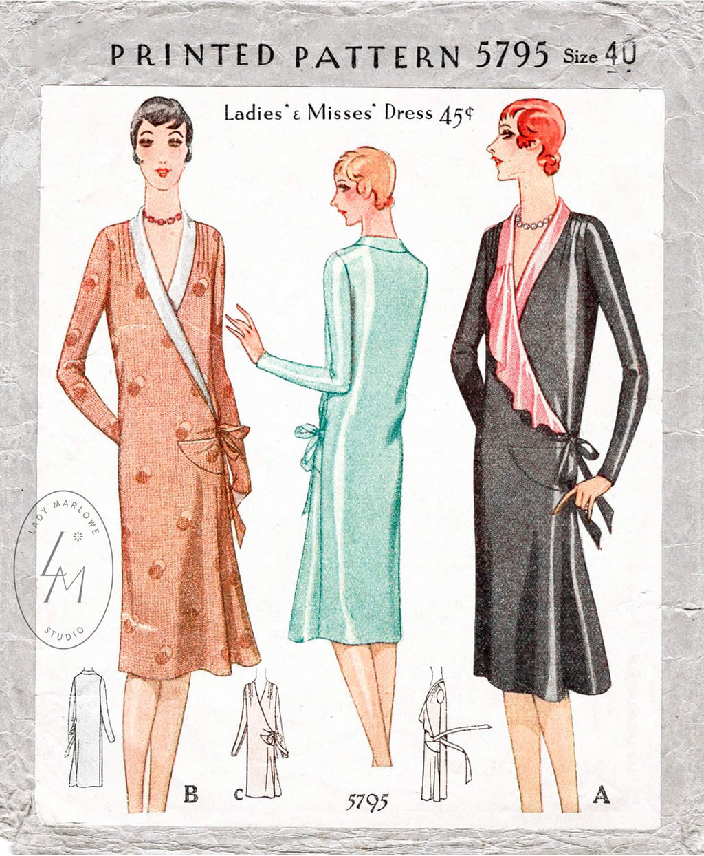 1920s 1929 McCall 5795 wrap dress shawl collar ruffle collar vintage sewing pattern reproduction