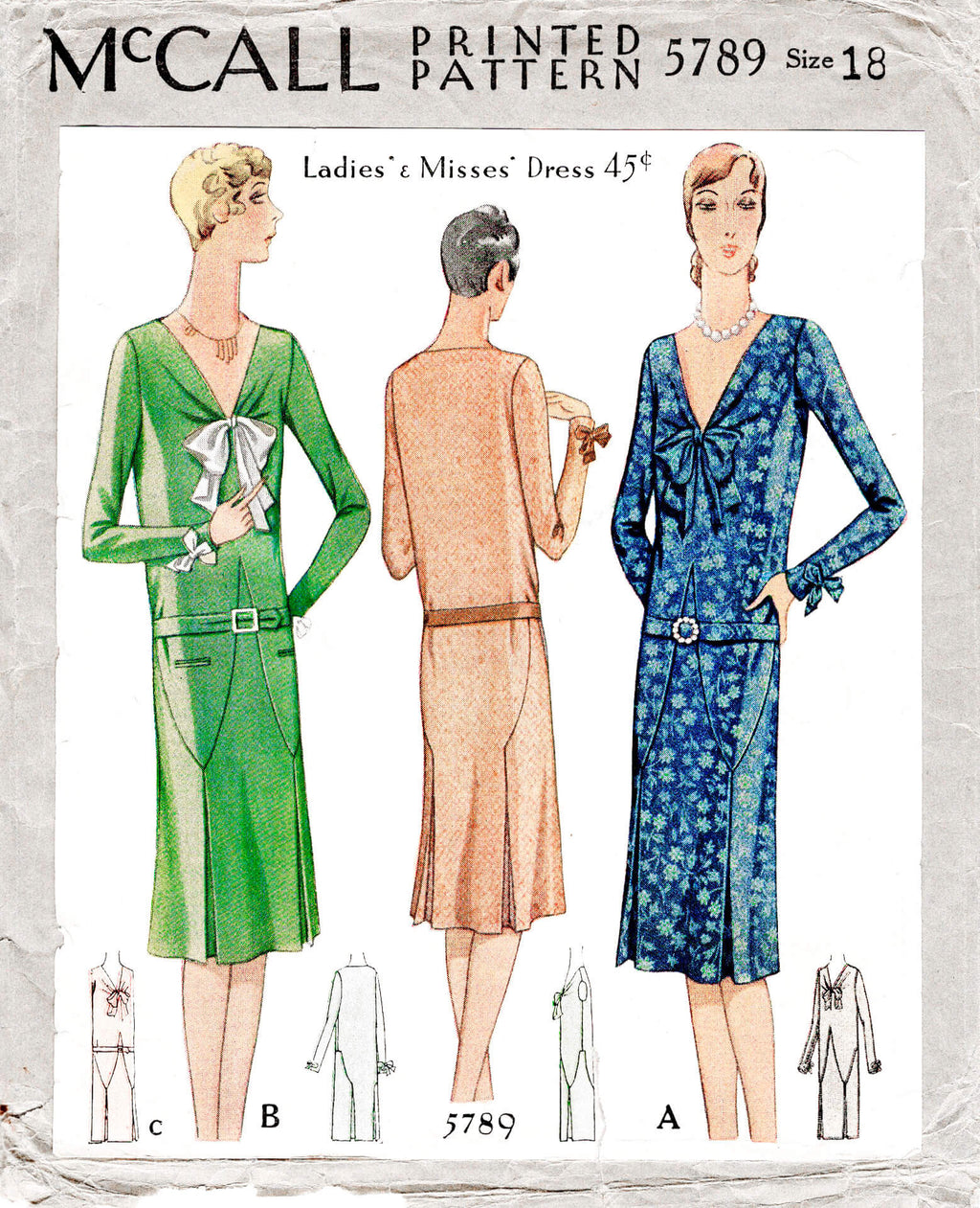 McCall 5789 1920s 1928 flapper era dress art deco seam details drop waist silhouette vintage sewing pattern reproduction