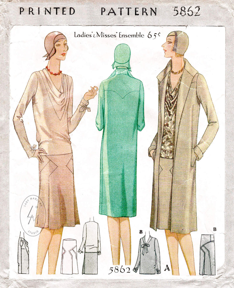 McCall 5862 1920s 1929 vintage sewing pattern cowl neck blouse skirt and box coat