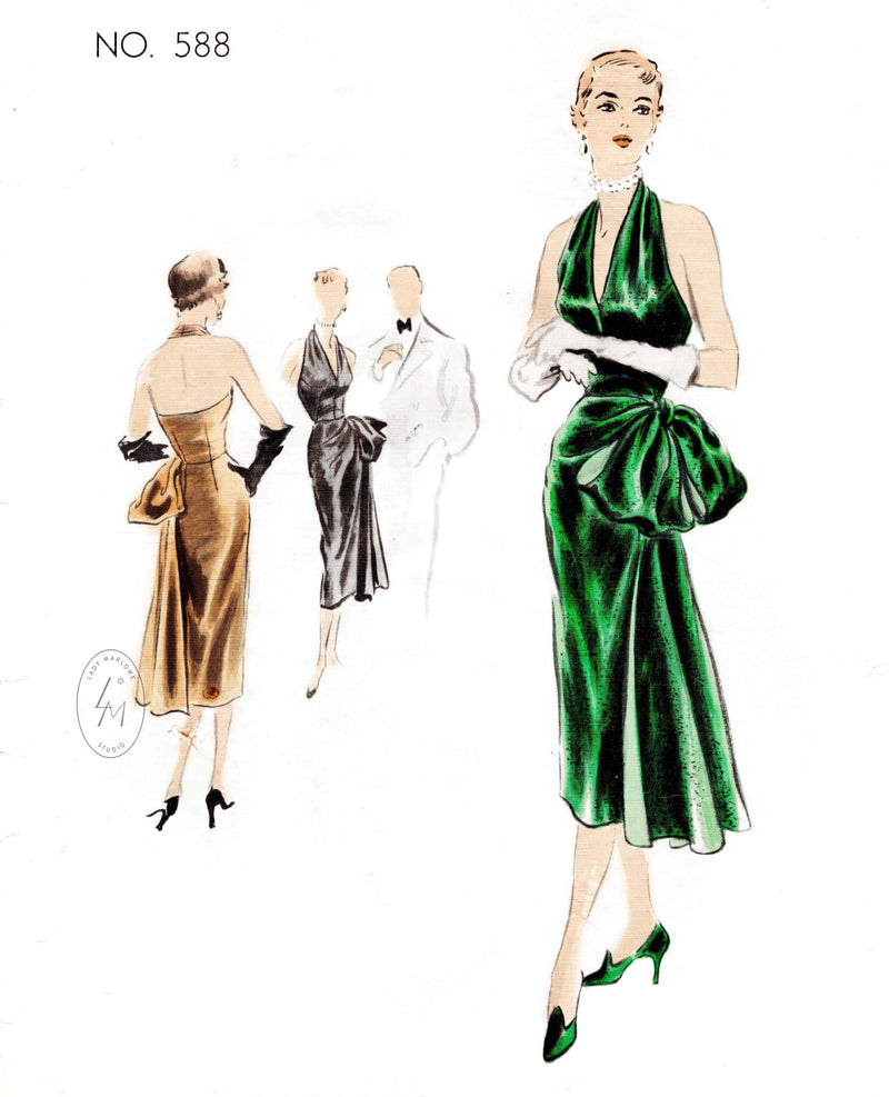 Vogue 588 1950s mermaid cocktail dress draped sash bow vintage sewing pattern repro