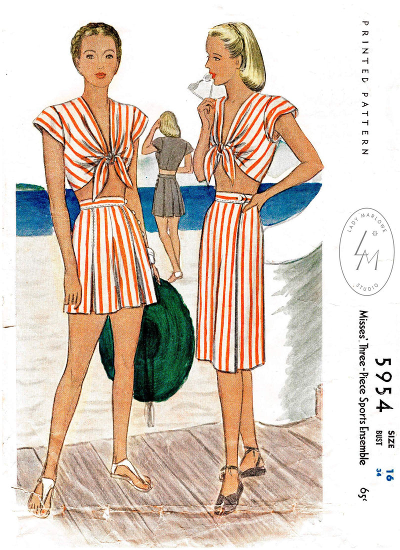 McCall 5954 1940s crop top high waist shorts skirt sewing pattern