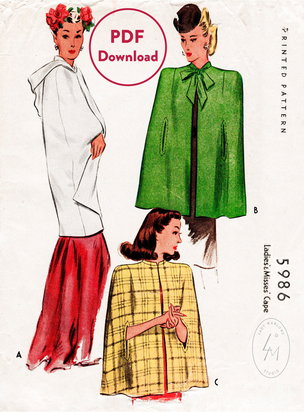 McCall 5986 1940s cape vintage sewing pattern PDF download