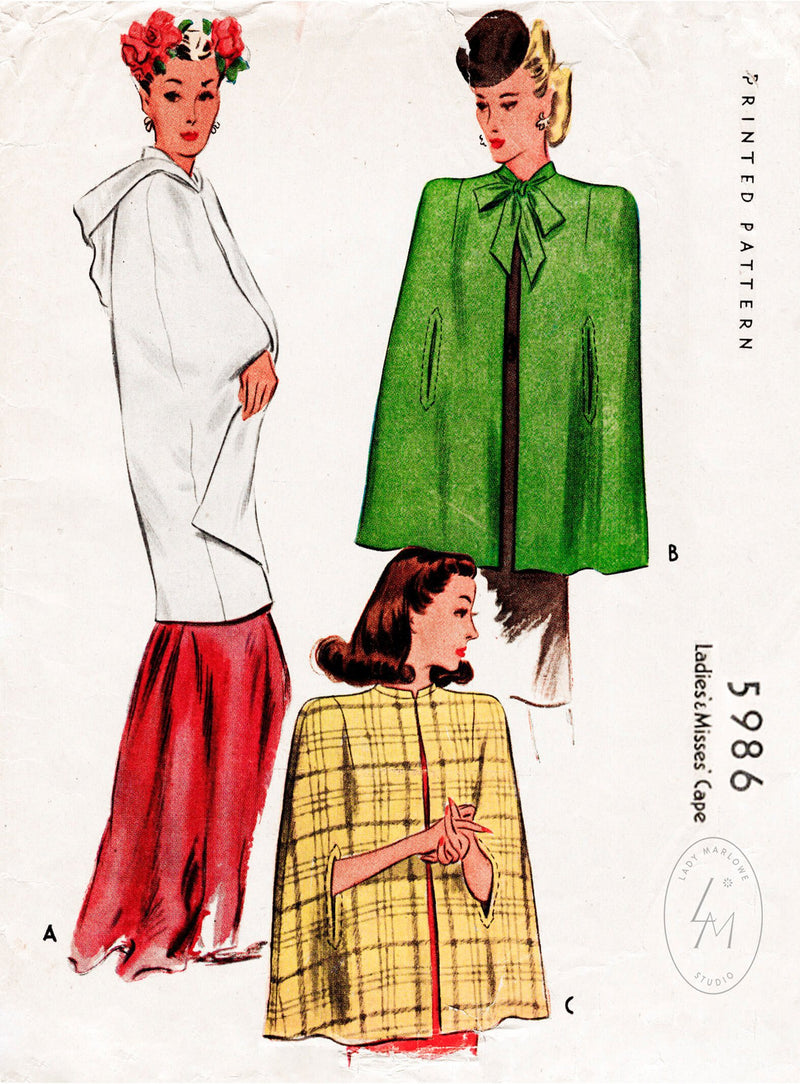 McCall 5986 1940s cape vintage sewing pattern 1940 40s