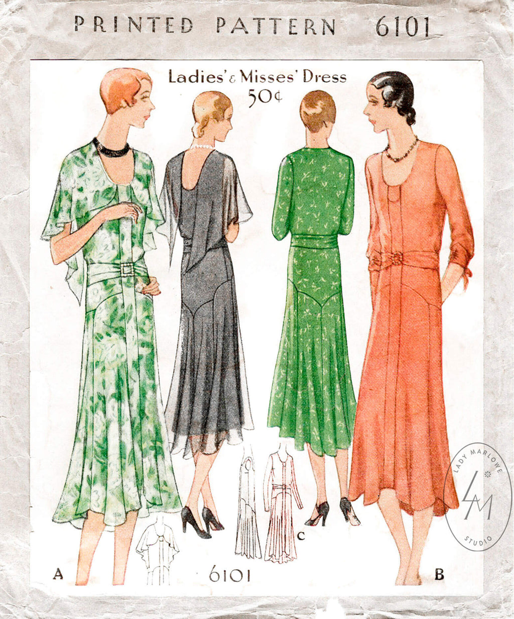 1930s McCall 6101 afternoon tea dress flounce skirt capelet overlay vintage sewing pattern reproduction