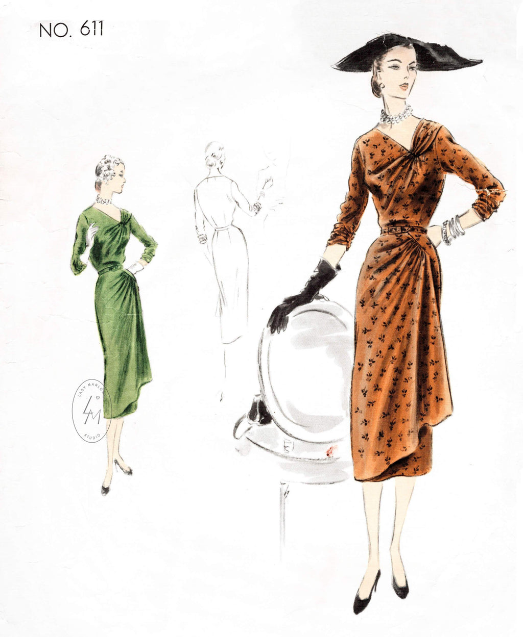 Vogue Couturier 611 1950s afternoon dress draped detail vintage sewing pattern reproduction