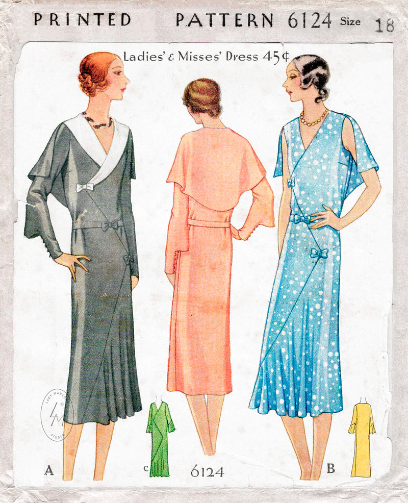 McCall 6124 1930s vintage sewing pattern dress in 3 styles with capelet