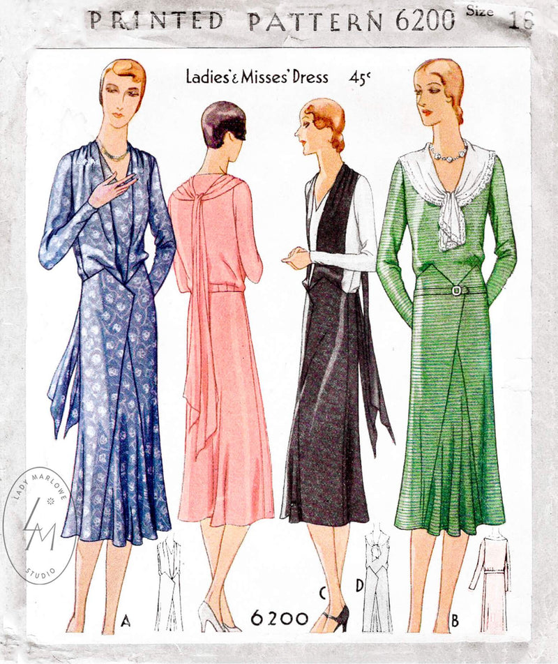 1930 30s McCall 6200 afternoon tea dress draped scarf collar art deco seams flounce skirt vintage sewing pattern reproduction