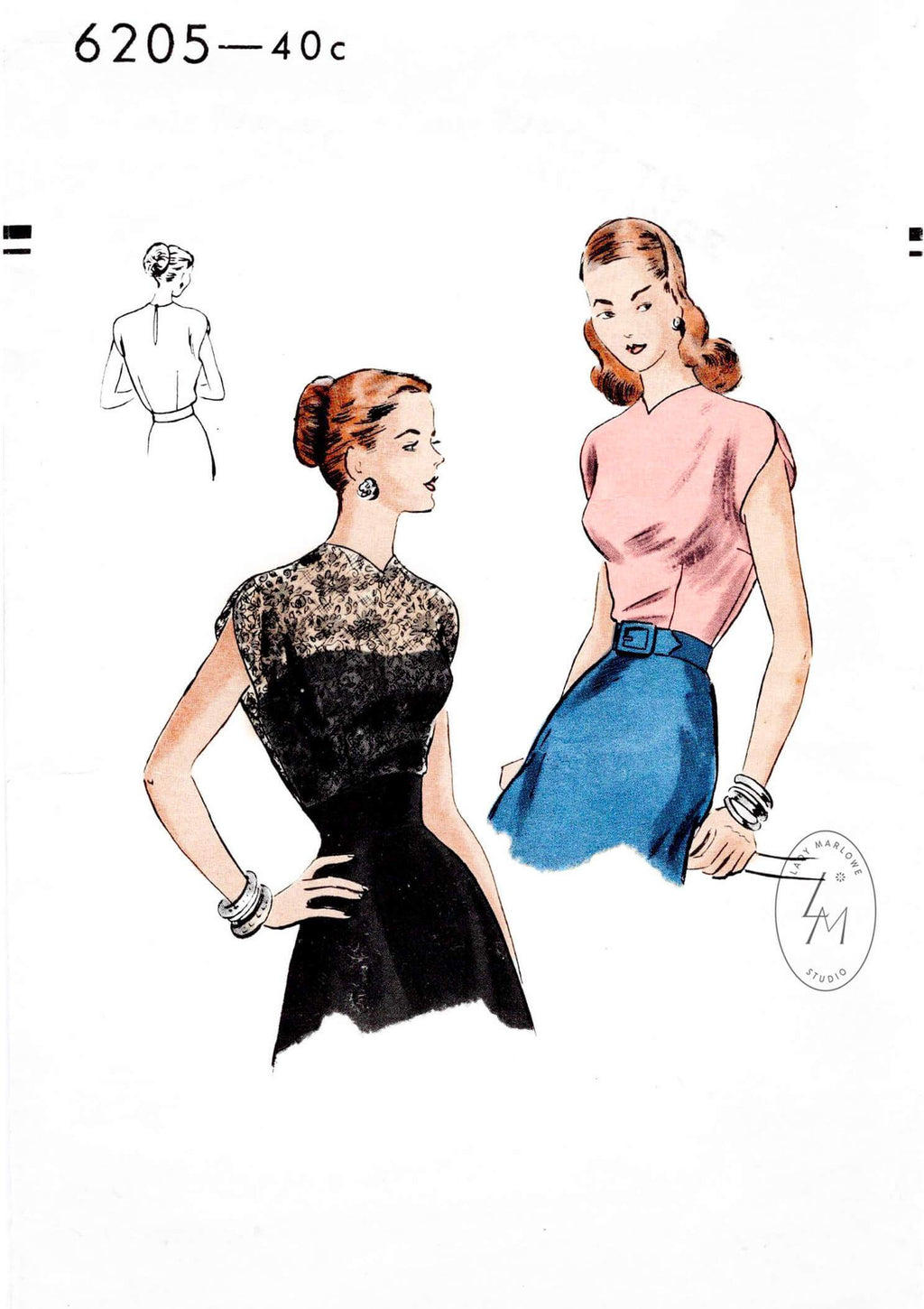 Vogue 6205 vintage sewing pattern 1940s Blouse cap sleeves fitted bodice, easy to make reproduction