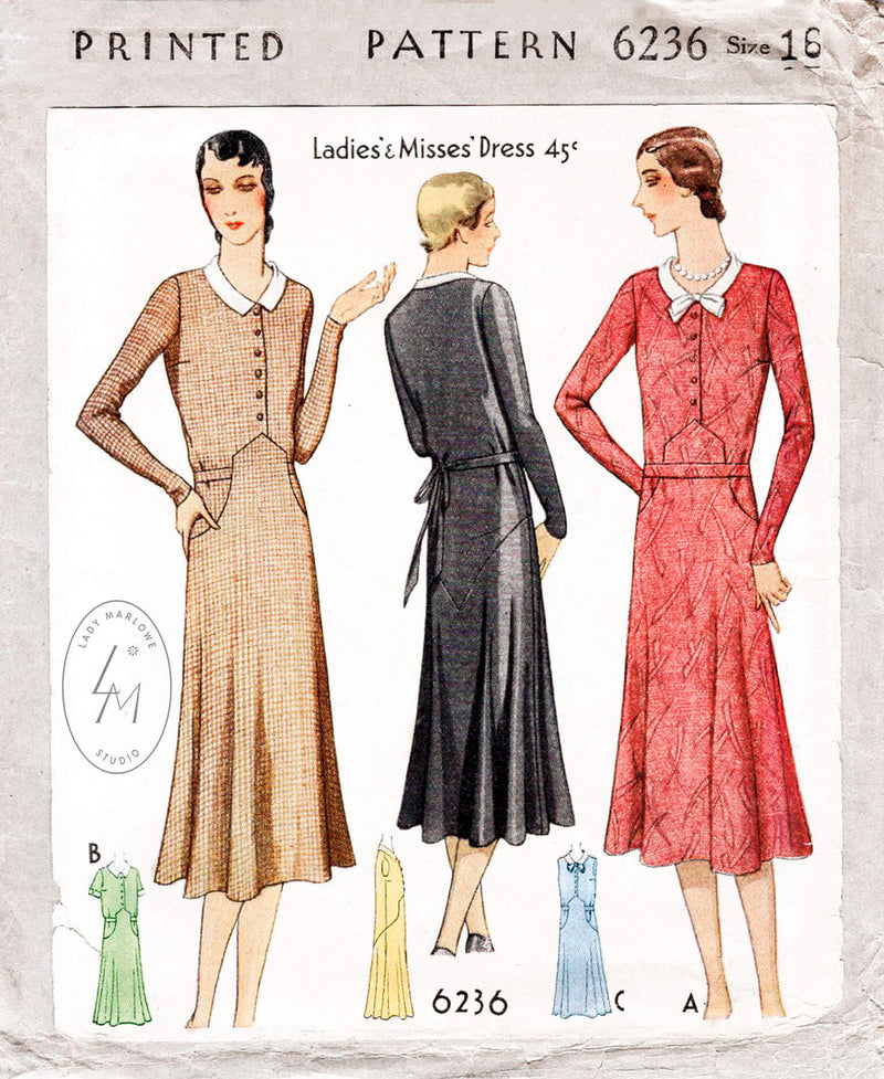1930s McCall 6236 historical dress slim collar bow tie flounce skirt vintage sewing pattern reproduction