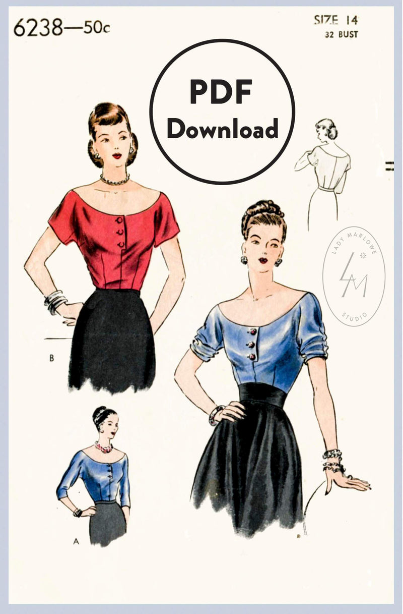 Vogue 6238 1950s vintage sewing pattern 1950 50s blouse top PDF download