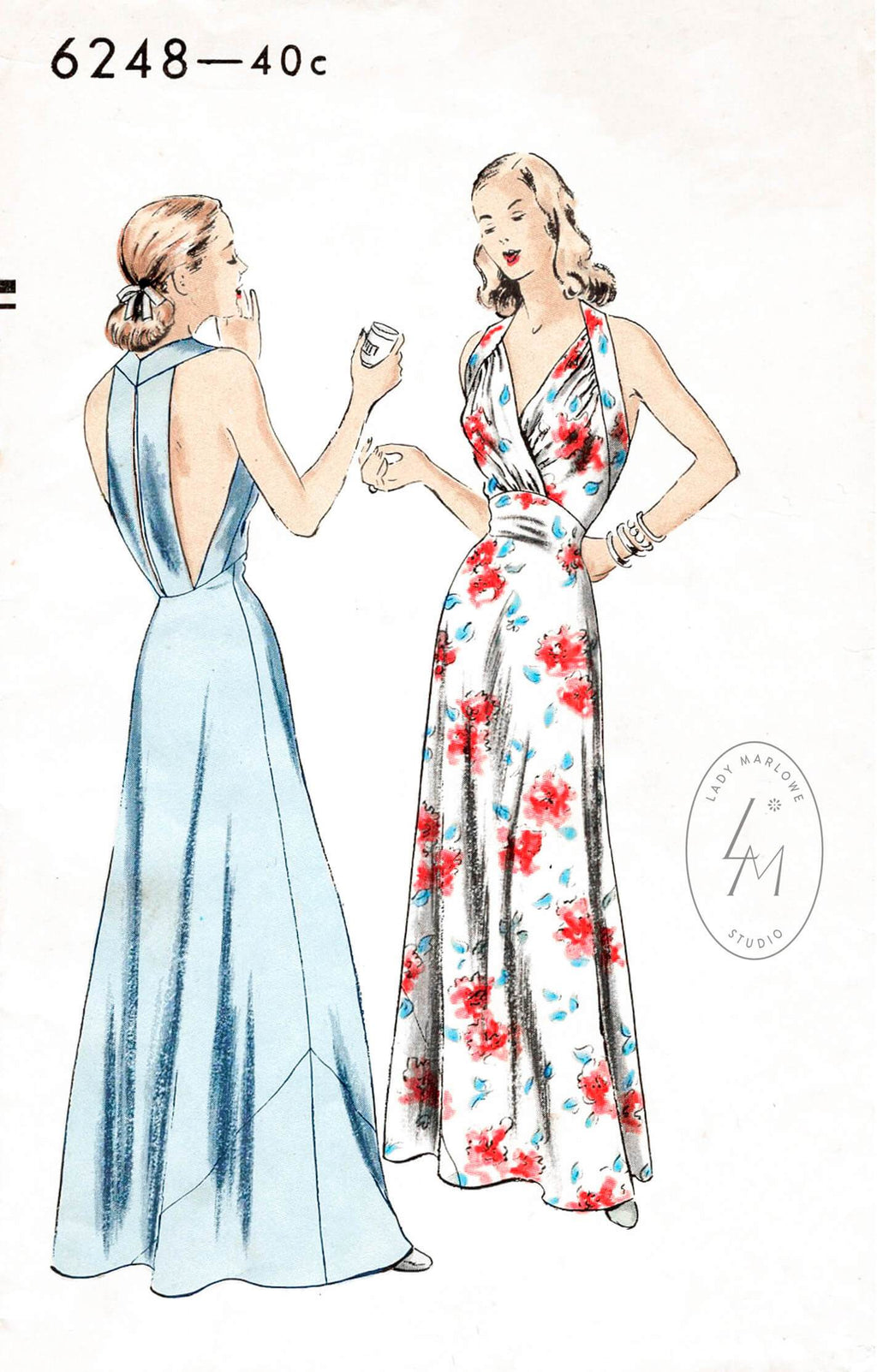 1940s BEAUTIFUL Evening Party Dress Pattern HOLLYWOOD 1059 Sweetheart  Neckline, 2 Lengths, Fitted Girdle Midriff, Featured Movie Star Marjorie