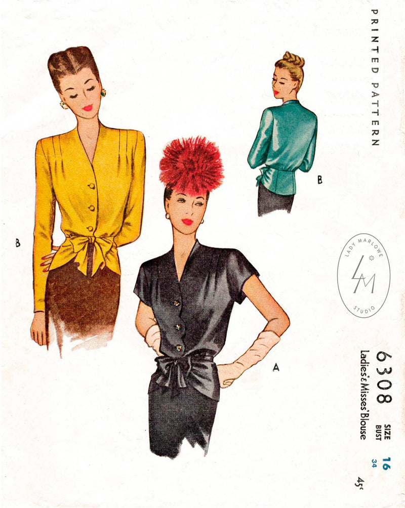 McCall 6308 1940s formal blouse or jacket vintage sewing pattern