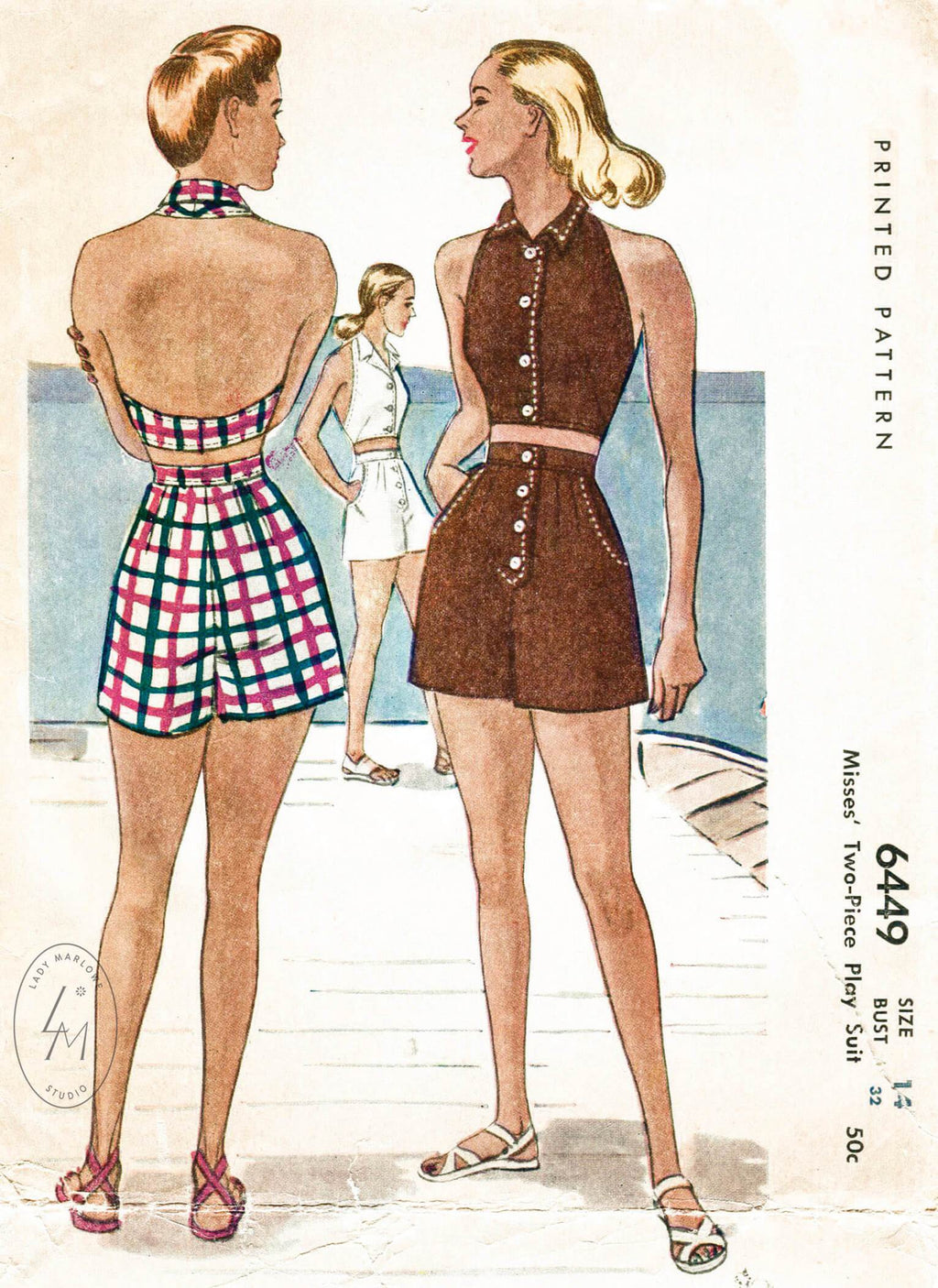 vintage beach playsuit sewing pattern halter high waist shorts McCall 6449