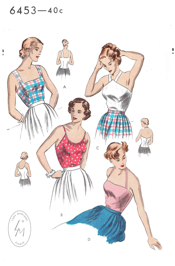 1940s 1950s Vogue 6453 vintage sewing pattern tops in 4 styles crop top camisole halter