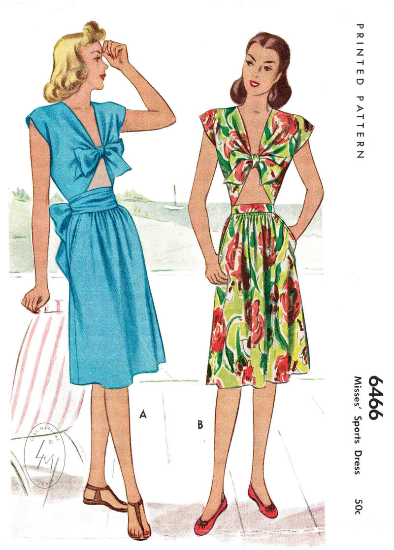 McCall 6466 1940s sun dress tie front drop top and sun skirt vintage sewing pattern repro