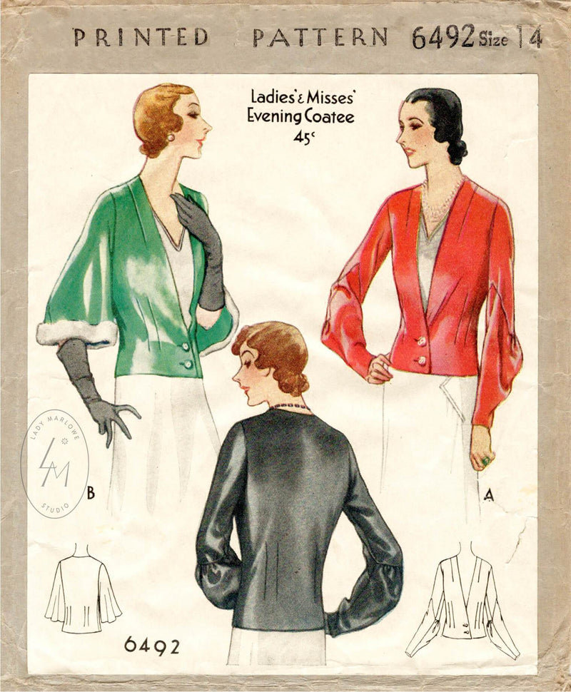 McCall 6492 1930s vintage sewing pattern 1930 30s jacket blouse