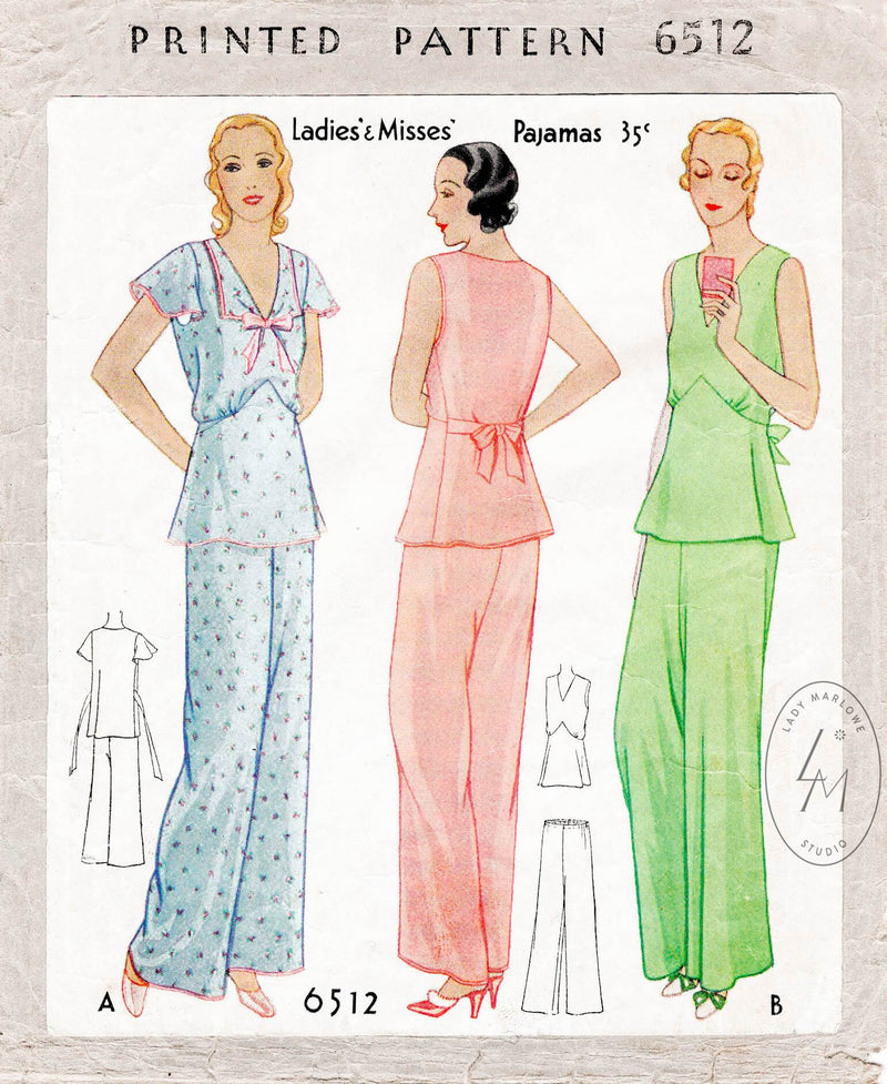 1920s 1930s vintage pajamas nightwear sewing pattern reproduction McCall 6512