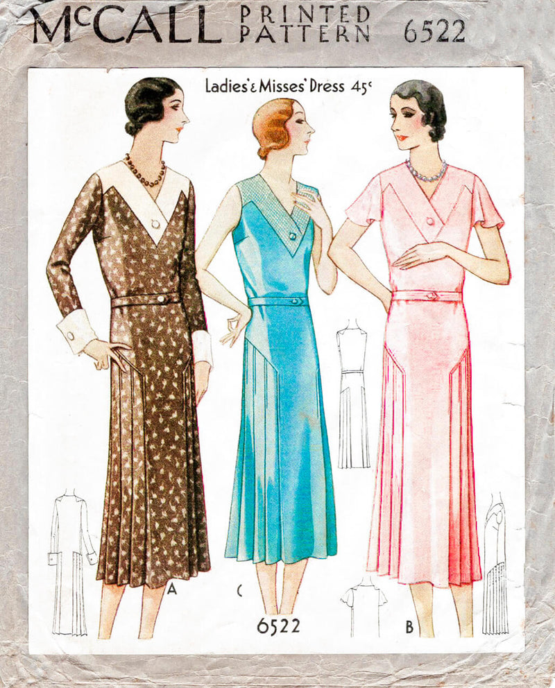 1930s 1931 dress McCall 6522 art deco seam detail yoke inset knife pleat skirt vintage sewing pattern reproduction