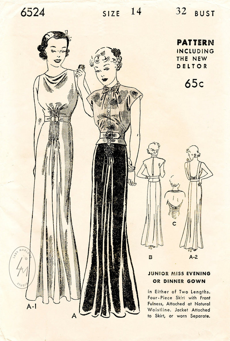 1930s 30s evening gown & cap sleeve blouse blouson Butterick 6524 art deco seams vintage sewing pattern repro