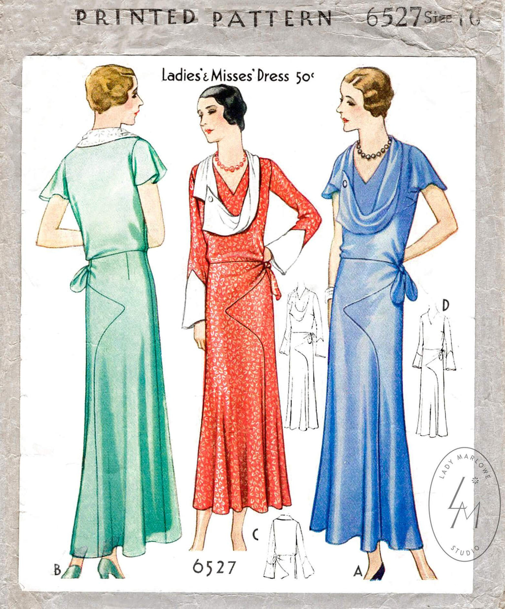 McCall 6527 1930s 1931 evening length dress draped collar art deco seams vintage sewing pattern reproduction