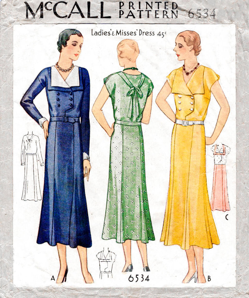 1930s 1931 dress pattern McCall 6534 double breasted tie back vintage sewing pattern reproduction