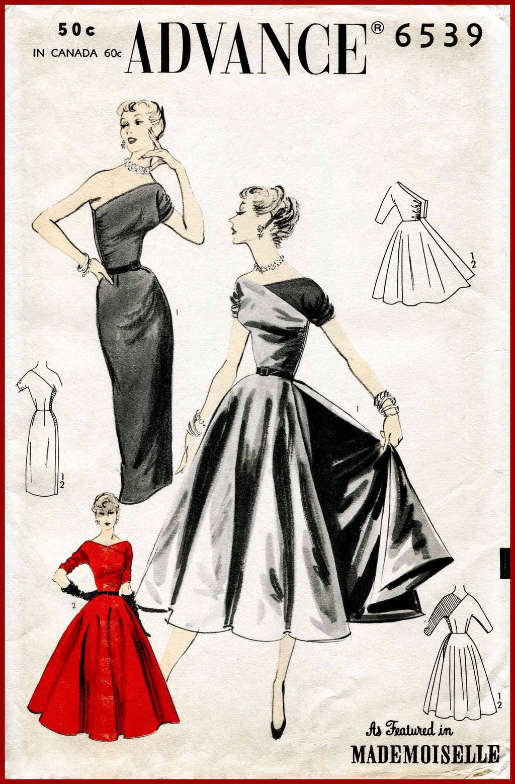 Advance 6539 1950s one shoulder dress sewing pattern